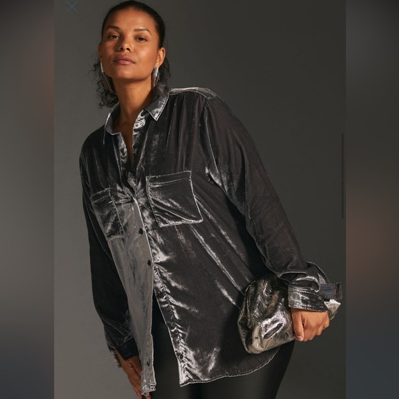 Pilcro Anthropologie relaxed velvet button down grey plus size 1X - Picture 1 of 11